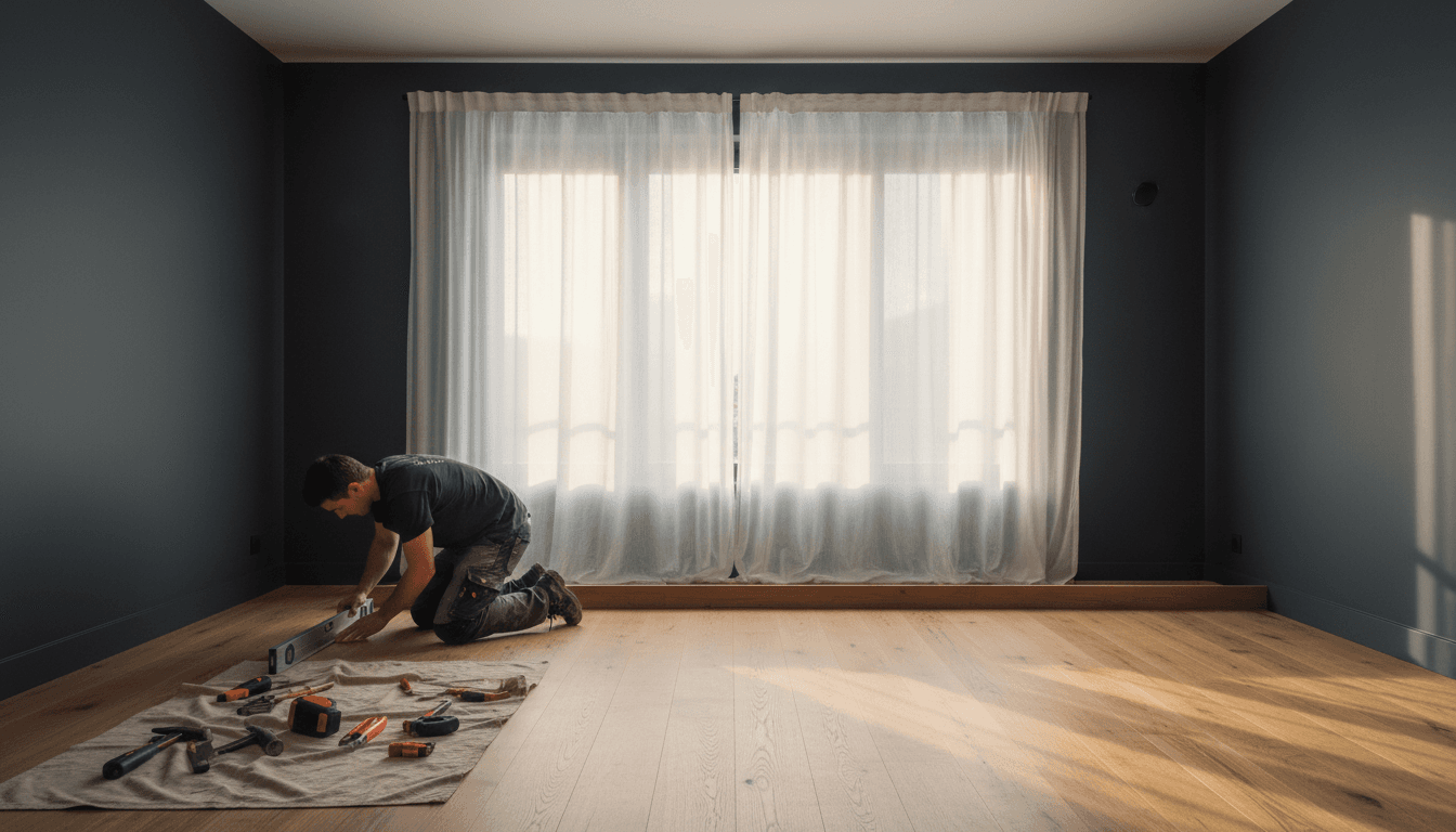 Pose d'une plinthe en chêne dans un salon rénové