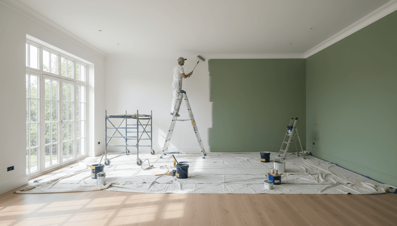 Professional painter applying sage green accent wall paint in bright, modern living room during residential renovation project