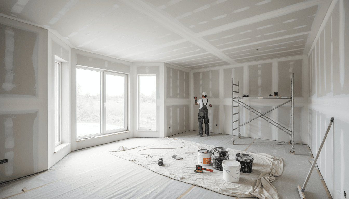 Spacious bedroom during renovation showing newly installed drywall, taped seams, and professional finishing work in progress