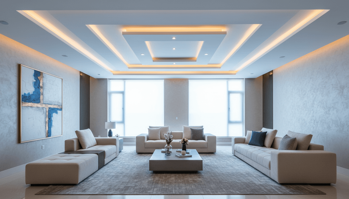 Modern living room with completed suspended ceiling featuring recessed lighting and contemporary furnishings