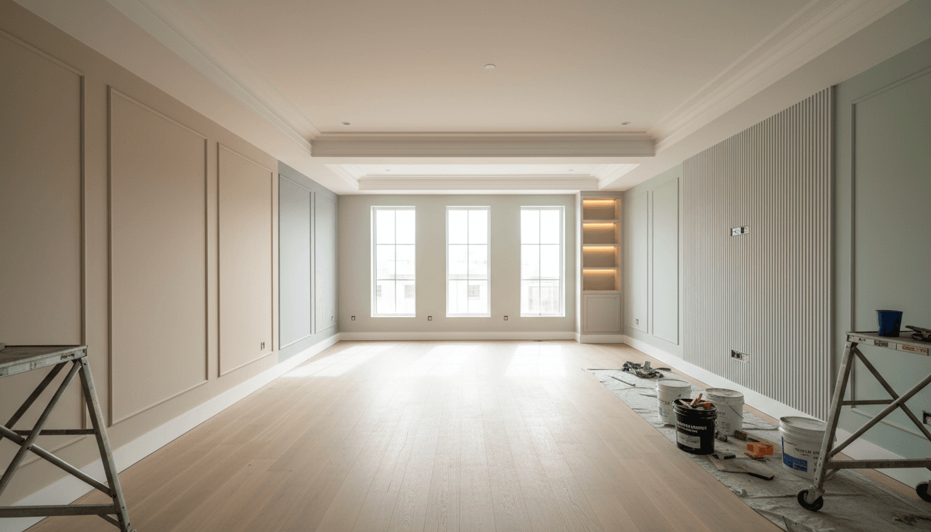 Newly completed interior renovation space with freshly painted walls, finished drywall, crown molding, and professional architectural detailing bathed in natural light